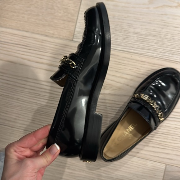 Chanel Shiny Calfskin Logo Loafers - Picture 8 of 9